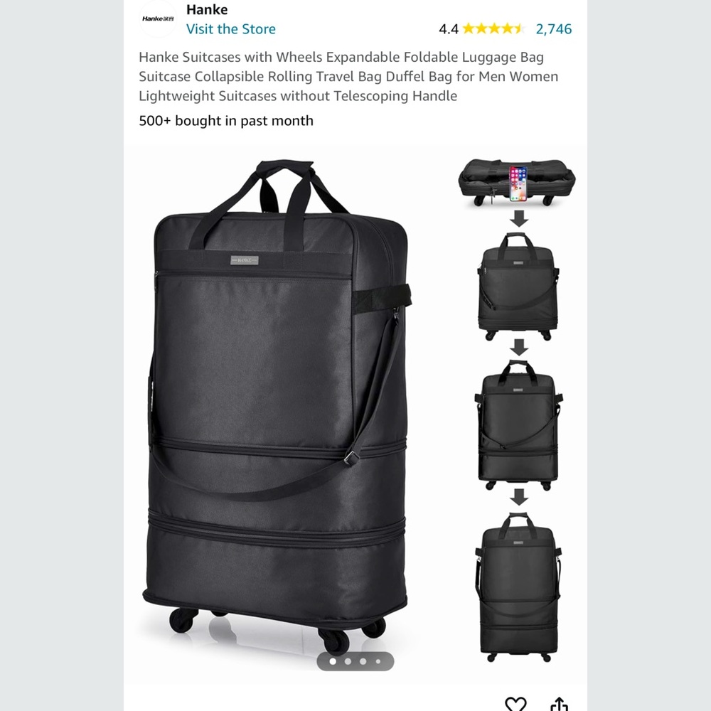 New Black Hanke Suitcase with Wheels Expandable Foldable Luggage Bag Suitcase